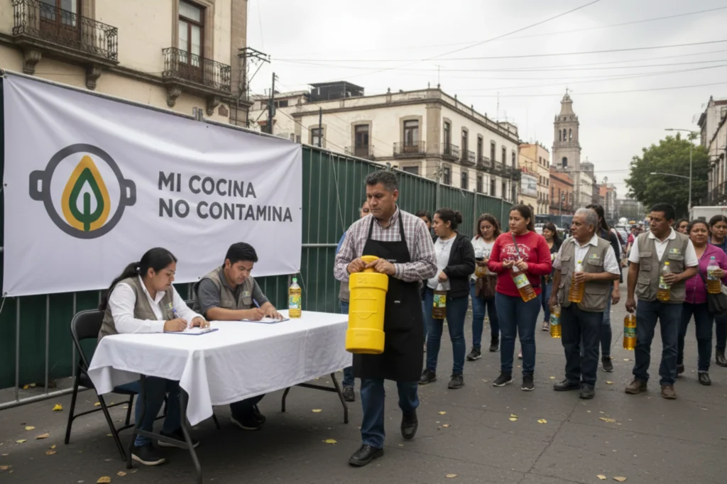 Centro de acopio en la Ciudad de México donde habitantes entregan aceite usado como parte del programa “Mi cocina no contamina”, dentro de una campaña de reciclaje de aceite de cocina.