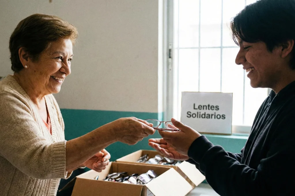 Mujer entregando anteojos en un programa de reciclaje de lentes destinado a apoyar a personas con baja visión.