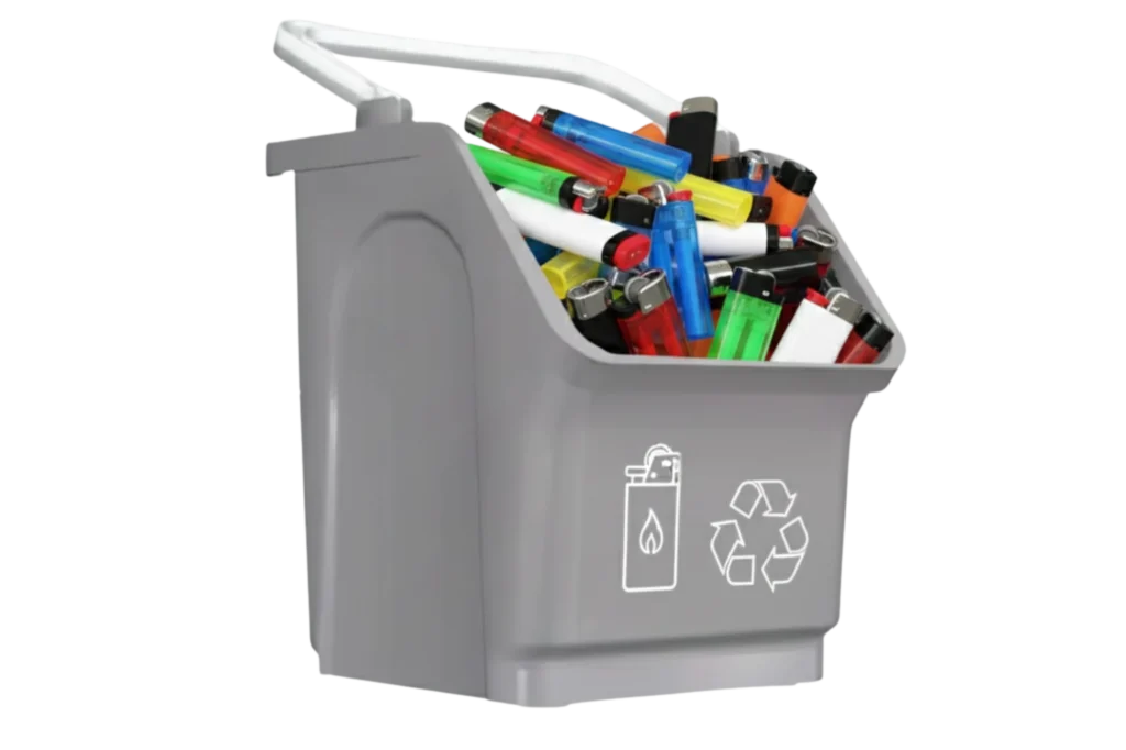 Contenedor lleno de encendedores listos para reciclar de forma segura