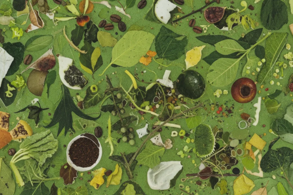 Fondo ecológico con restos vegetales y orgánicos que representan el ciclo natural del compostaje.