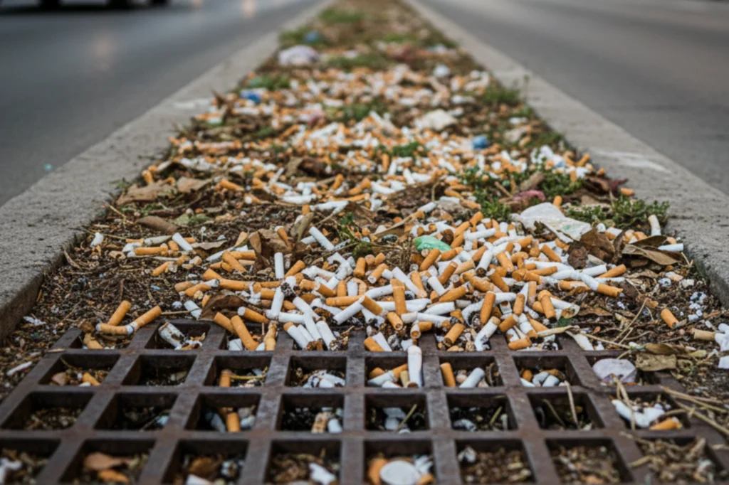 Colillas de cigarro dispersas en una vialidad urbana, evidenciando su impacto visual y ambiental en la gestión de limpieza de las ciudades.