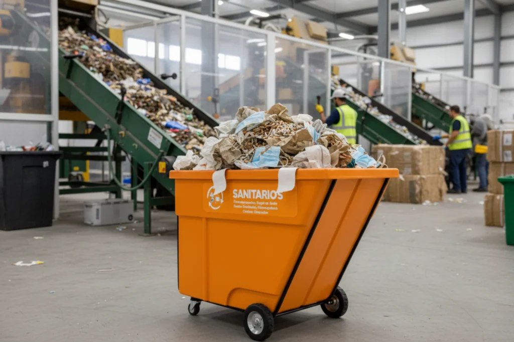 Contenedor naranja con residuos sanitarios como cubrebocas y pañuelos dentro de una planta de reciclaje en México.