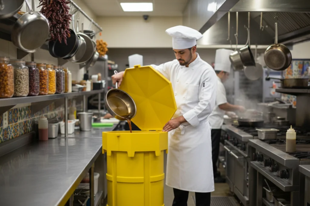 Chef vertiendo aceite vegetal usado en un contenedor industrial dentro de una cocina profesional, mostrando prácticas correctas para el reciclaje de aceite de cocina.