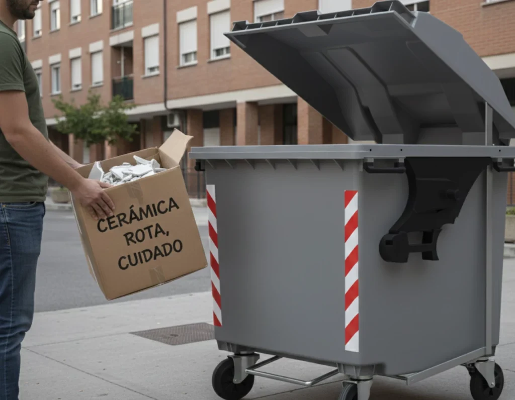 Persona desechando cerámica rota de forma segura como parte del proceso de reciclaje 