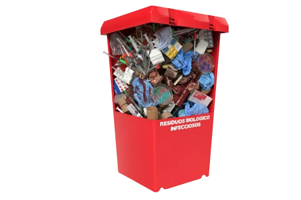 Elemento rojo para residuos biológico-infecciosos con desechos médicos como guantes, gasas y material cortopunzante.