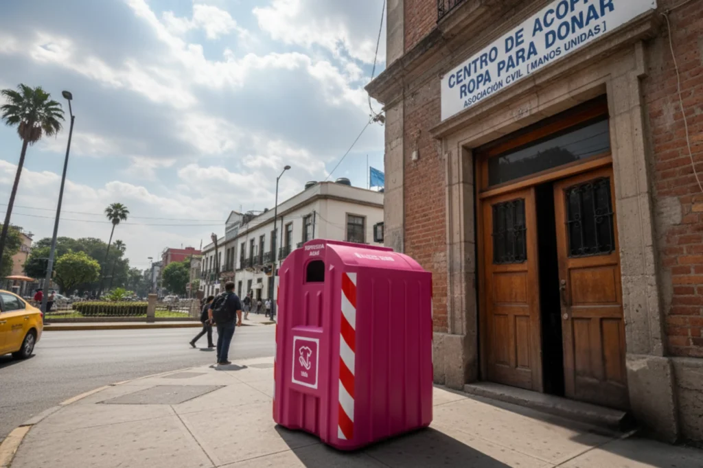 Contenedor de color rosa en México utilizado como referencia visual para fortalecer el reciclaje textil y la entrega de prendas en buen estado.