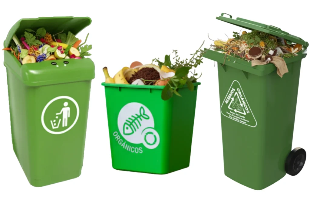 Conjunto de botes verdes para residuos biodegradables y restos de comida, parte del sistema de reciclaje urbano.