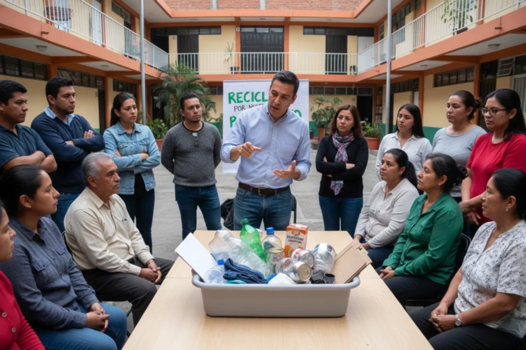 Grupo de personas en taller de educación ambiental aprendiendo a separar residuos inorgánicos reciclables
