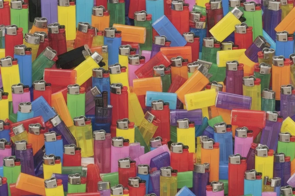 Vista superior de encendedores desechables acumulados para reciclar correctamente