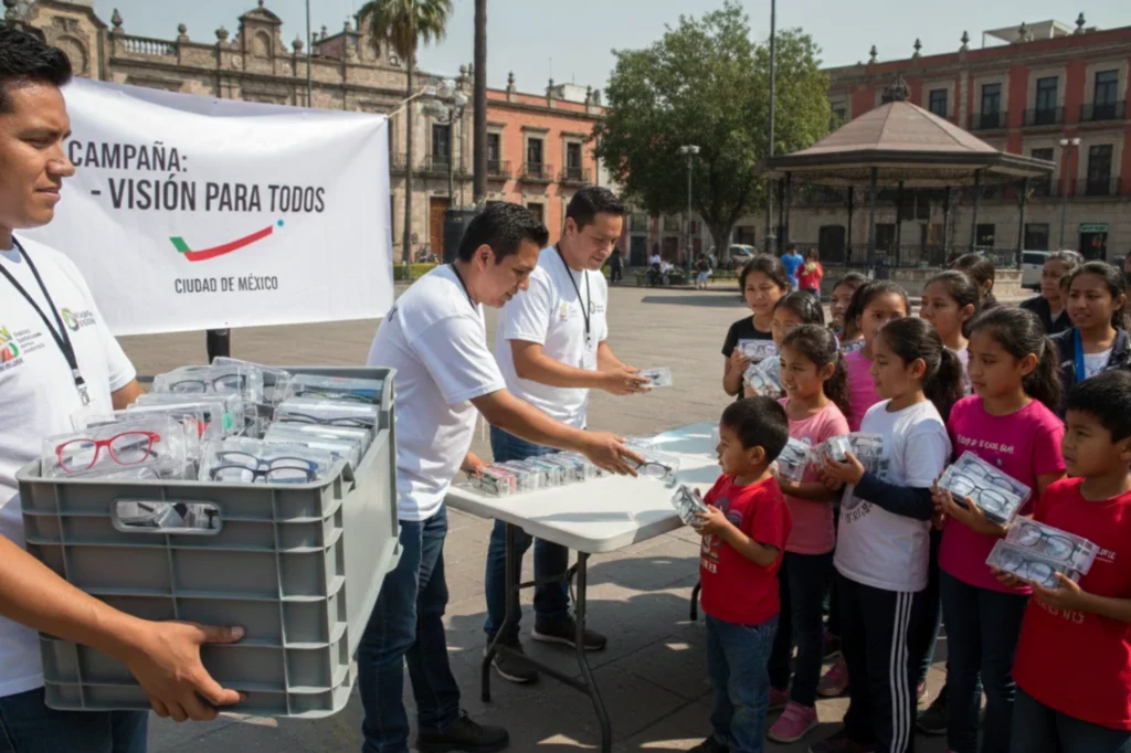 Grupo de niños recibiendo gafas adaptadas en una iniciativa de reaprovechamiento de armazones usados.