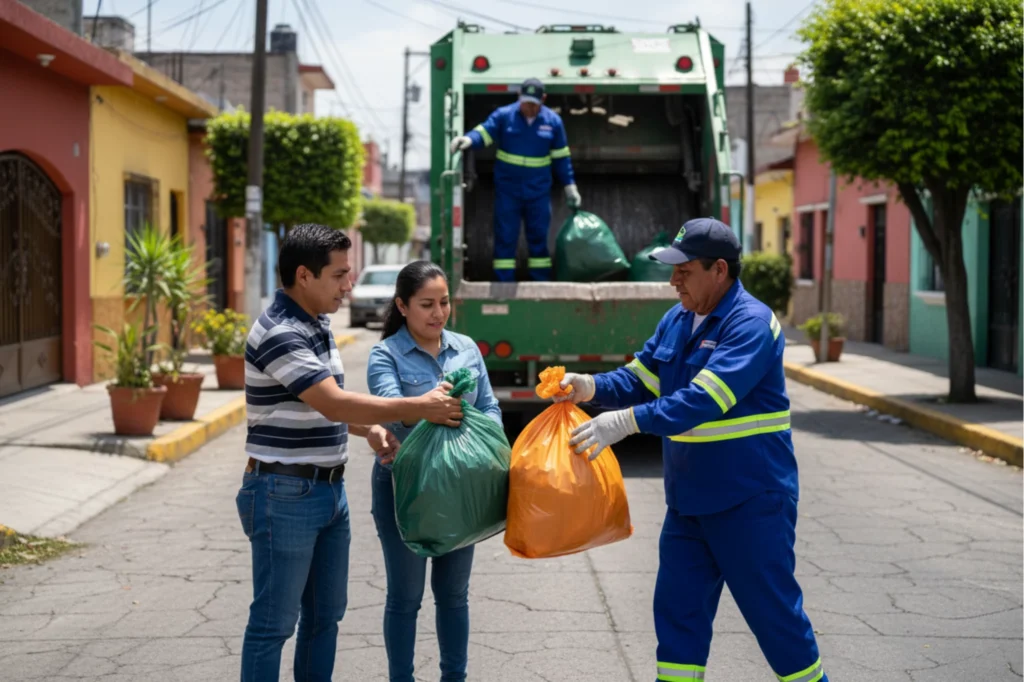 Ciudadanos participando en la clasificación de residuos frente a contenedores verdes, azules, amarillos y grises en un espacio público.