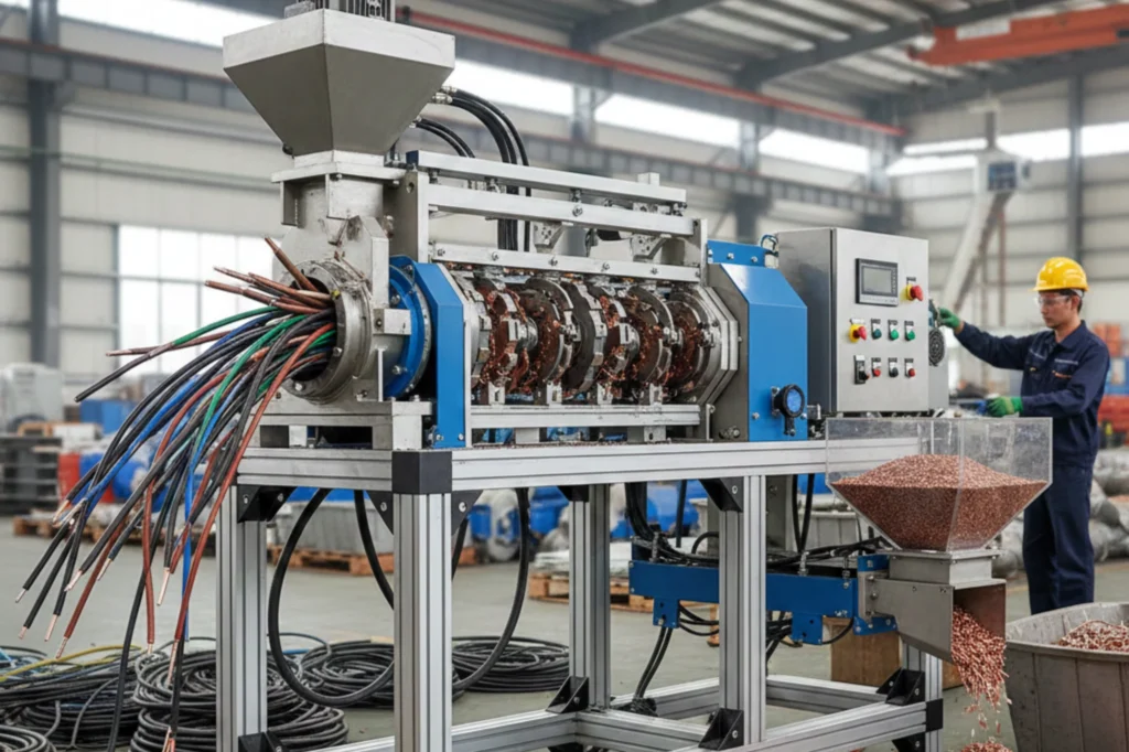 Proceso de reciclaje de cables donde una máquina separa el cobre del recubrimiento plástico para su reutilización.