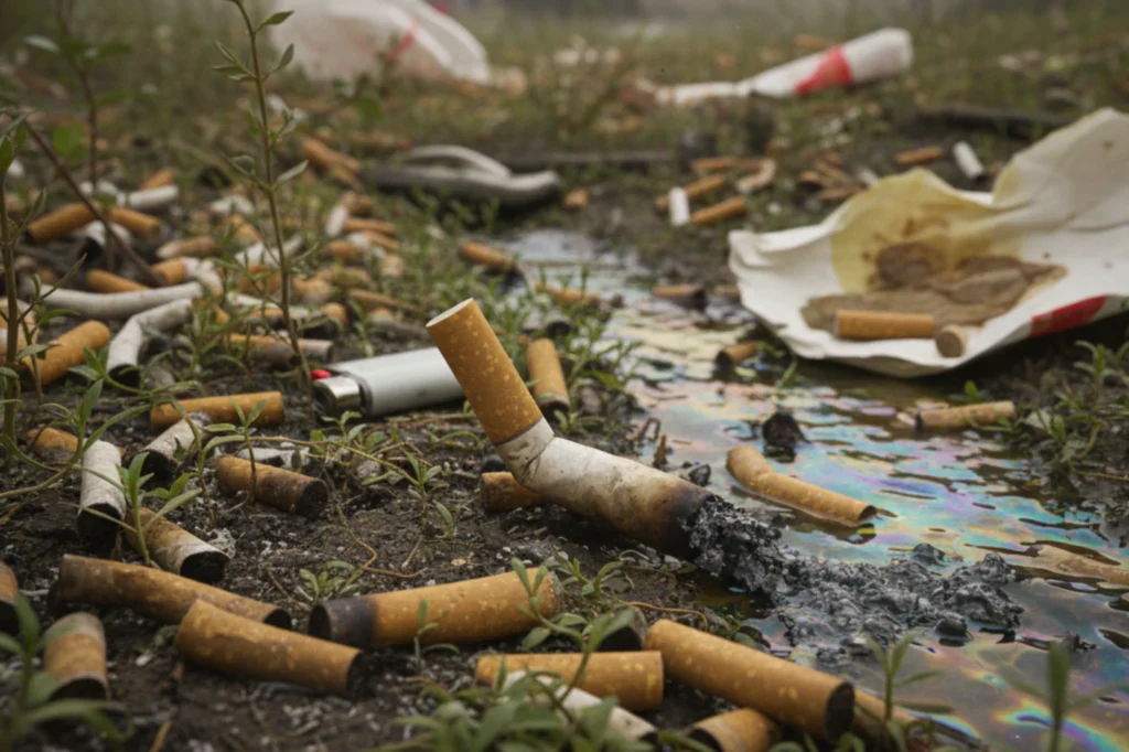 Impacto ambiental de las colillas de cigarro acumuladas en zonas urbanas, mostrando su efecto en la contaminación del suelo y del agua.