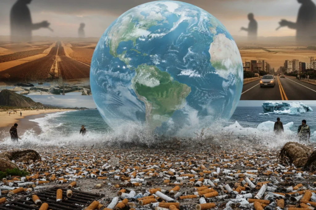 Contaminación mundial provocada por las colillas de cigarro y su presencia masiva en playas, calles y ecosistemas naturales.