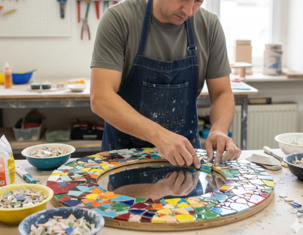 Hombre creando un mosaico con fragmentos de cerámica rota como alternativa creativa de reutilizar