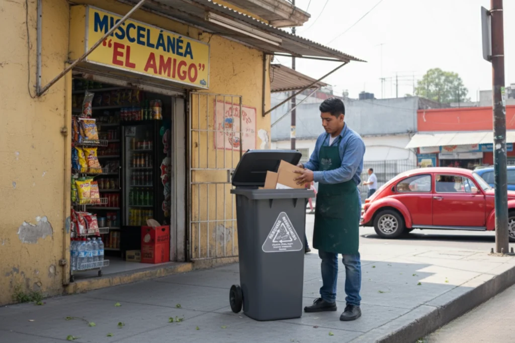 Empleado de tienda de abarrotes utilizando un depósito gris para reciclaje frente a su establecimiento en la Ciudad de México.