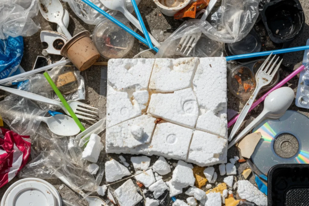 Residuos no reciclables como utensilios plásticos, envases de unicel y envolturas que contaminan el medio ambiente.