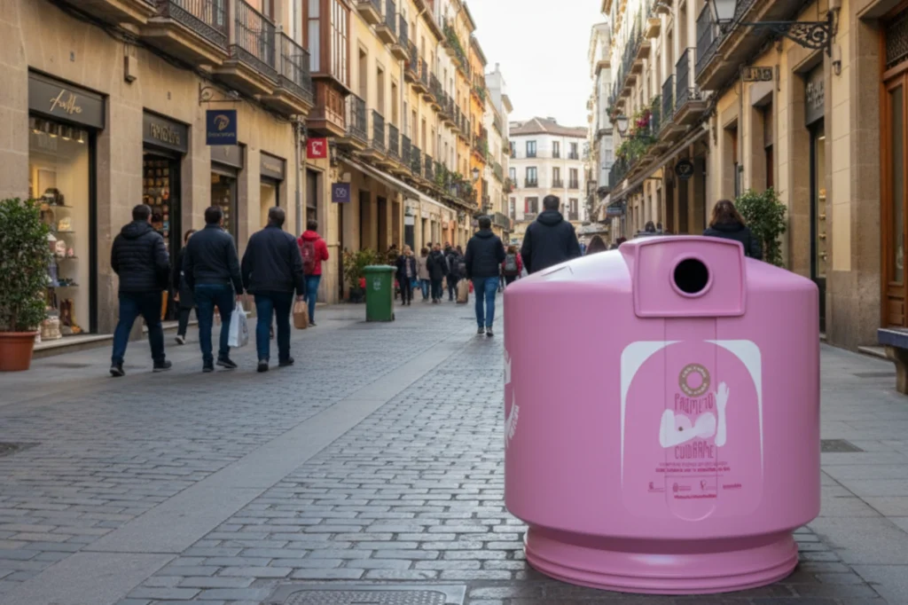 Contenedor rosa en España utilizado en campañas solidarias que promueven la reutilización de vidrio