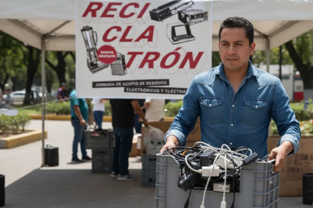 Persona entregando cable de carga y otros residuos electrónicos en un módulo de Reciclatrón de SEDEMA.