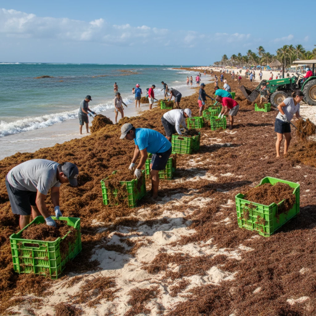 Equipo comunitario realizando limpieza y clasificación para el reciclaje de sargazo en una playa mexicana.