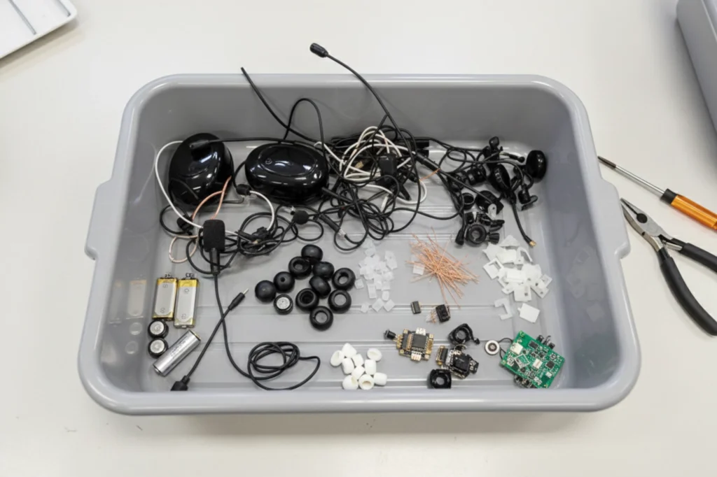 Separación de piezas y materiales de dispositivos de audio para su tratamiento y manejo como residuos electrónicos.