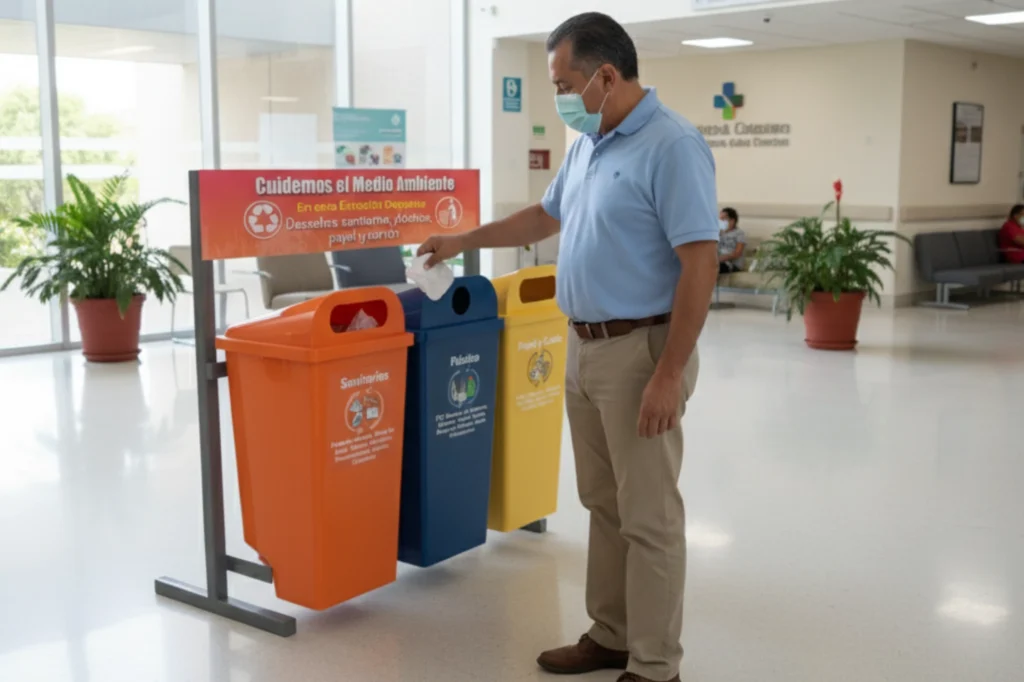Persona depositando desechos sanitarios en un bote color anaranjado junto a otros recipientes de reciclaje.