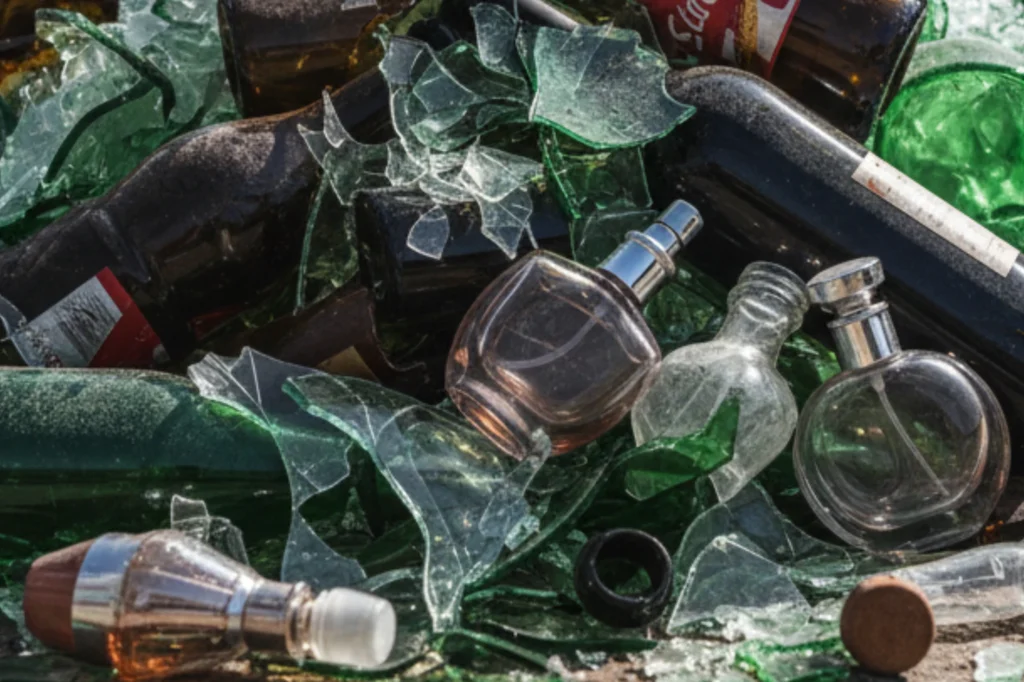 Vidrio roto y botellas dañadas considerados residuos no reciclables por su difícil manejo y contaminación.