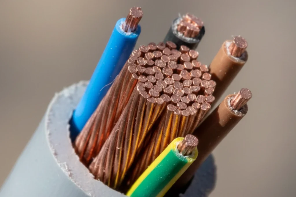 Vista cercana del interior de un cable eléctrico para mostrar su estructura y el aprovechamiento del cableado.