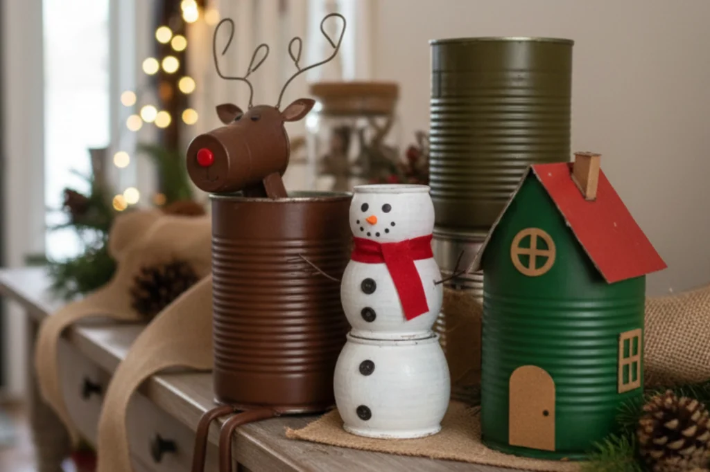 Adornos navideños reciclados hechos con latas transformadas en figuras como renos, muñecos de nieve y casitas
