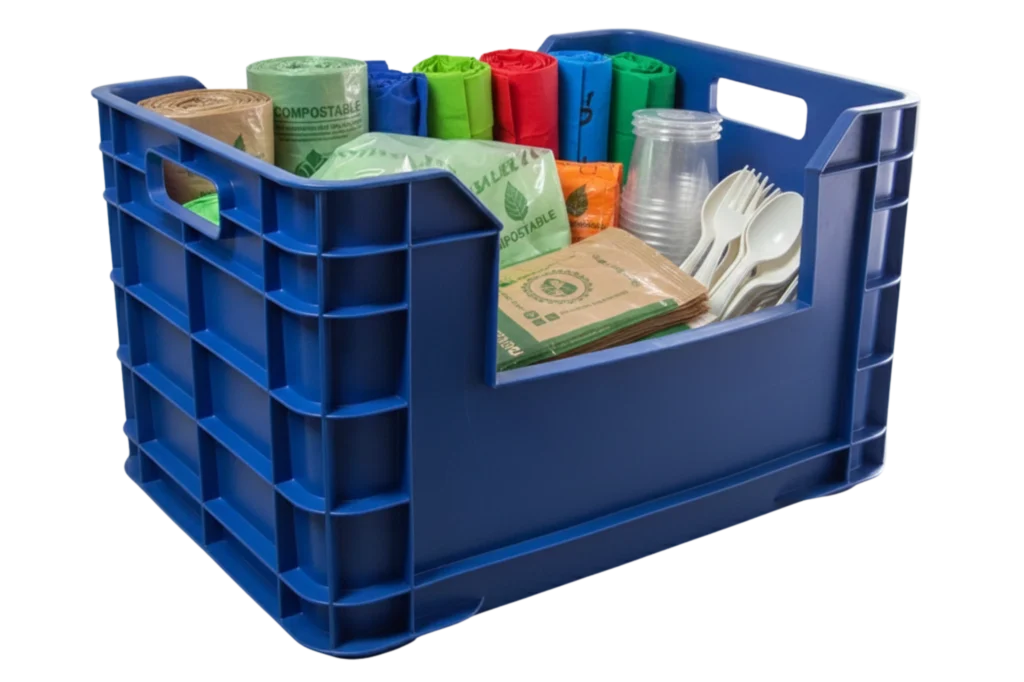 Caja con insumos compostables utilizados para cumplir la norma para plásticos de un solo uso en Ciudad de México.