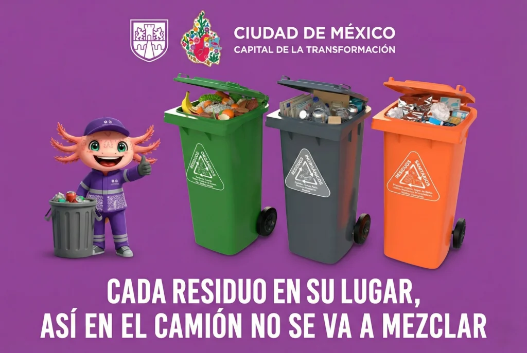 Transforma tu ciudad, cada residuo en su lugar con contenedores verde, gris y naranja para la separación correcta de residuos en la Ciudad de México