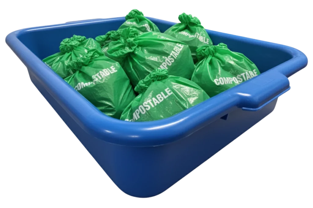 Bolsas compostables verdes destinadas a prácticas sustentables reguladas por la norma ambiental de manejo de residuos plásticos.