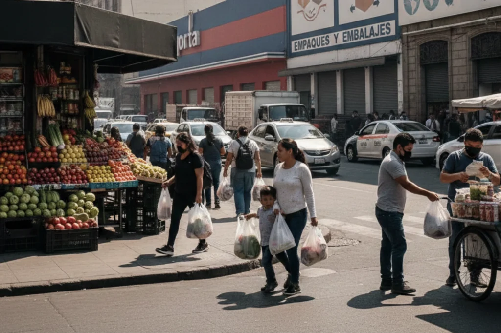 Comerciantes y consumidores utilizando bolsas sujetas a la regulación de la NACDMX-010-AMBT-2019 en CDMX.