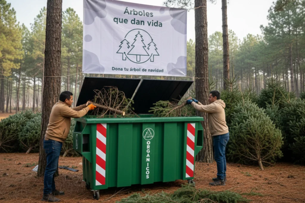 Centro de acopio de la campaña Árboles que dan Vida donde personal deposita ejemplares para reciclar el árbol de Navidad en la Ciudad de México.
