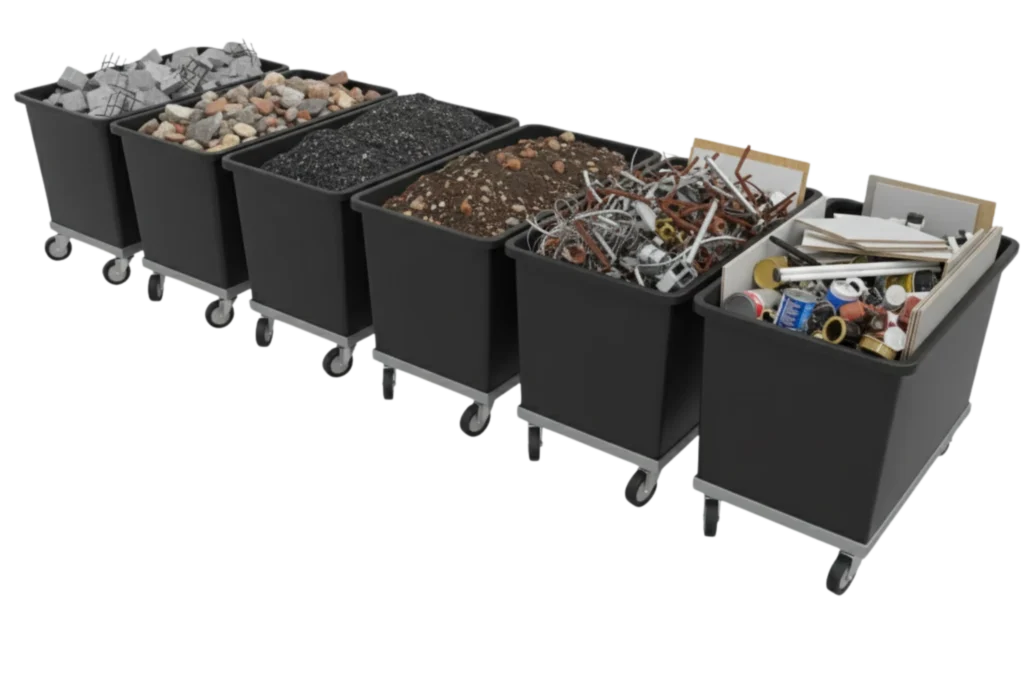 Contenedores para residuos de construcción alineados y separados según materiales, utilizados conforme a la NACDMX-007-RNAT-2019.