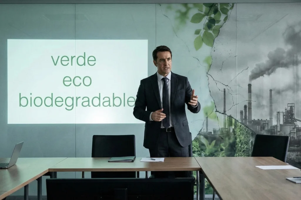 Greenwashing en discurso corporativo donde un empresario promueve mensajes ecológicos que no reflejan la realidad