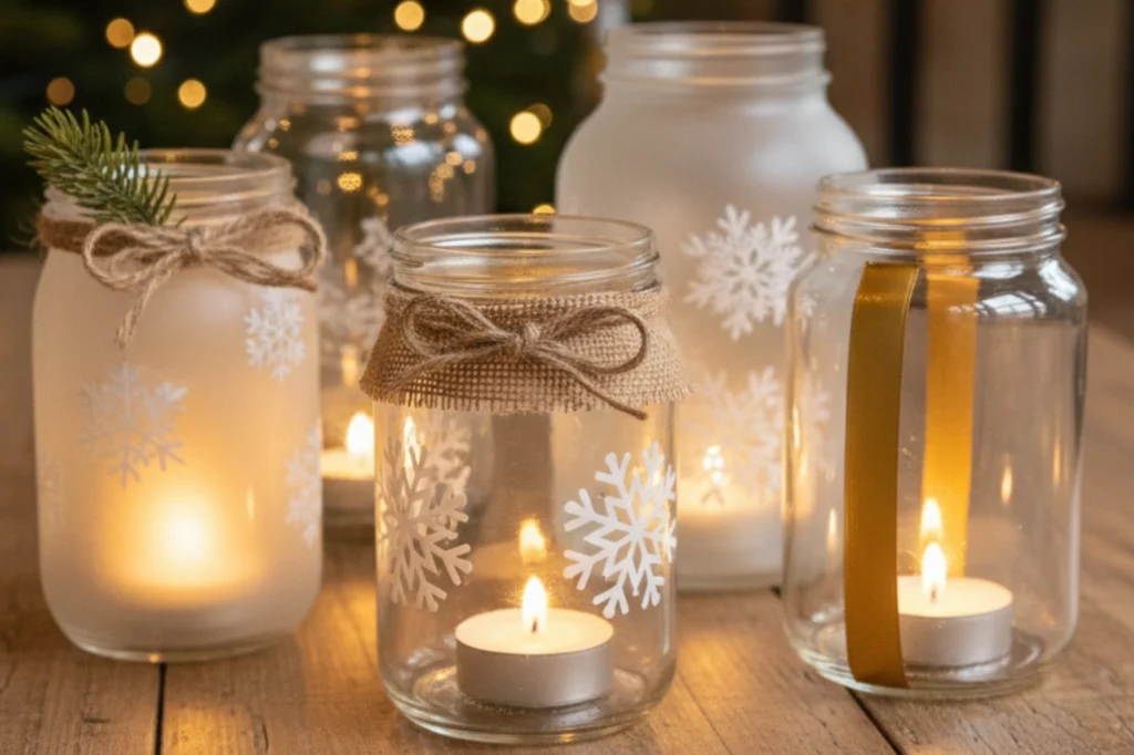 Adornos navideños reciclados elaborados con frascos de vidrio decorados como portavelas.