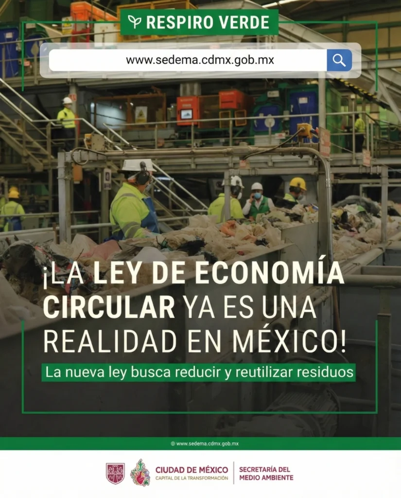Ley de economía circular en México representada en una planta de gestión de residuos con clasificación y reutilización de materiales