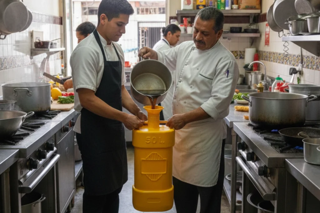Empleados de cocina trasladando aceite de fritura a un contenedor autorizado como parte de la regulación de manejo de aceite de cocina en establecimientos.