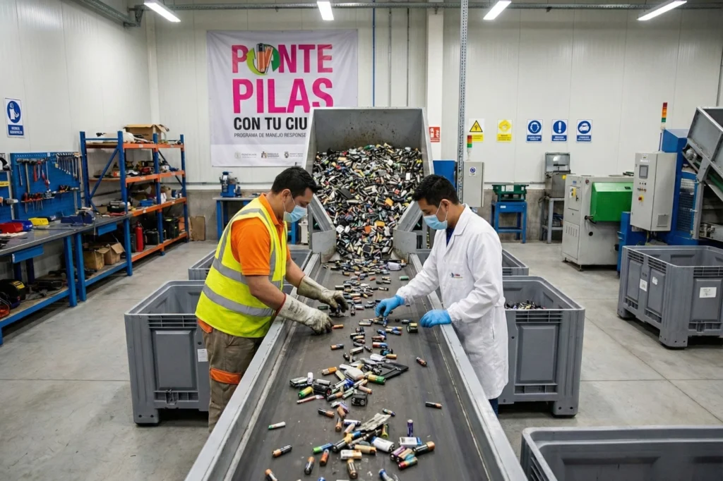 Clasificación manual de pilas y baterías usadas en un centro de reciclaje especializado como parte de una campaña urbana de gestión adecuada de residuos.