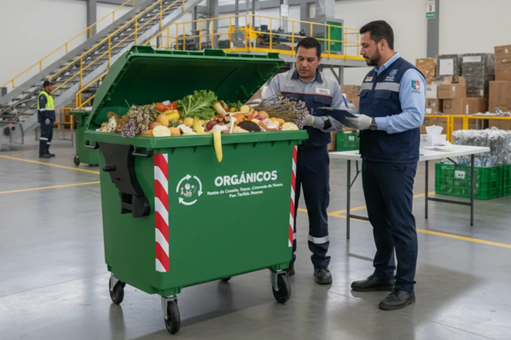 Supervisores revisando residuos orgánicos en un centro autorizado con acreditación de autorización ambiental en la Ciudad de México.